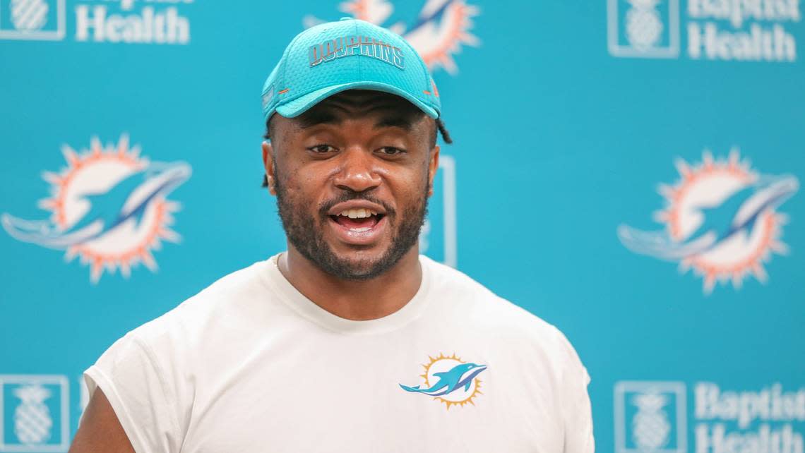 Miami Dolphins offensive lineman Austin Jackson meets with reporters at the Baptist Health Training Complex in Miami Gardens, Florida on on Wednesday, April 13, 2022.