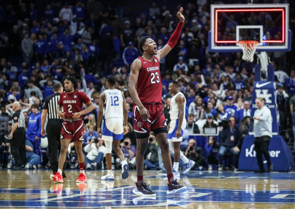 South Carolina's Gregory Jackson waves goodbye to departing Wildcat fans after the Gamecocks beat Kentucky 71-68 at Rupp Arena. Jan. 10, 2023