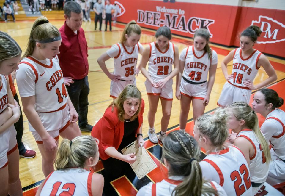 Dee-Mack head basketball coach Joni Nightengale advises her players at the third-quarter break of their game against Fieldcrest on Thursday, Feb. 2, 2023 in Mackinaw. The Knights defeated the Chiefs 62-54.