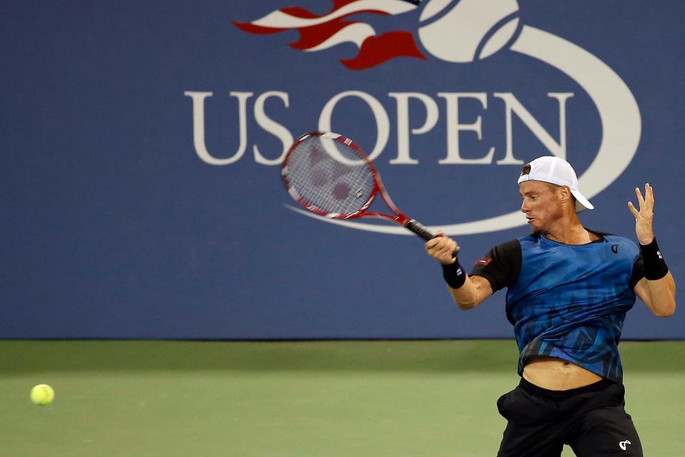 Leyton Hewitt of Australia hits a forehand against Bernard Tomic of Australia (not pictured) during the 2015 U.S. Open tennis tournament in New York. On Saturday, he was inducted into the Tennis Hall of Fame in Newport.