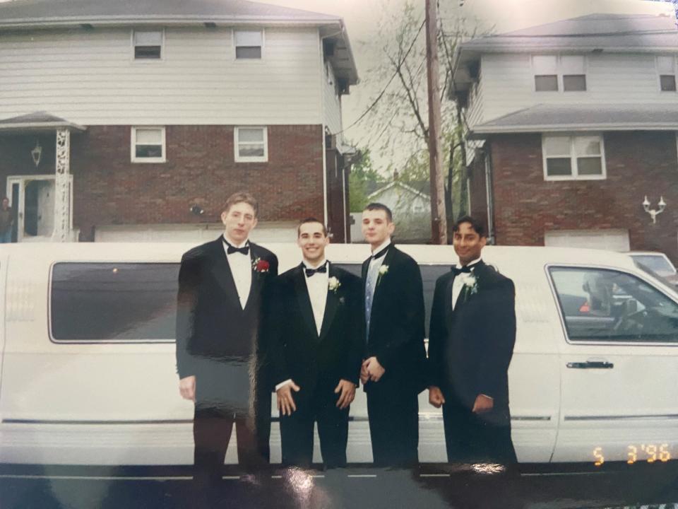 Matthew Keenan, Evan Glover, and friends at Paramus Catholic High School prom.