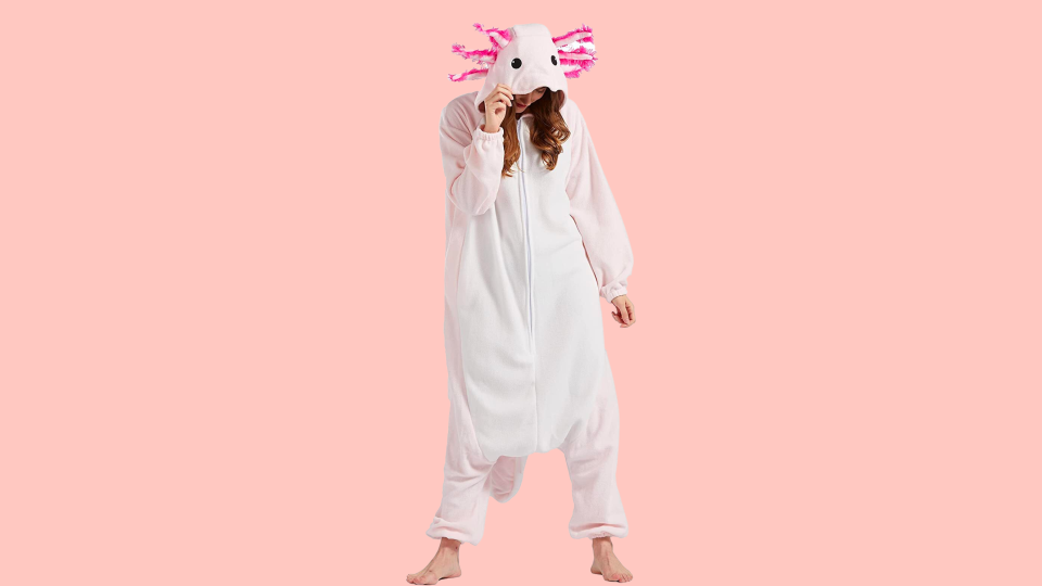 Channel your inner axolotl in this fun onesie and stay warm while you're at it.