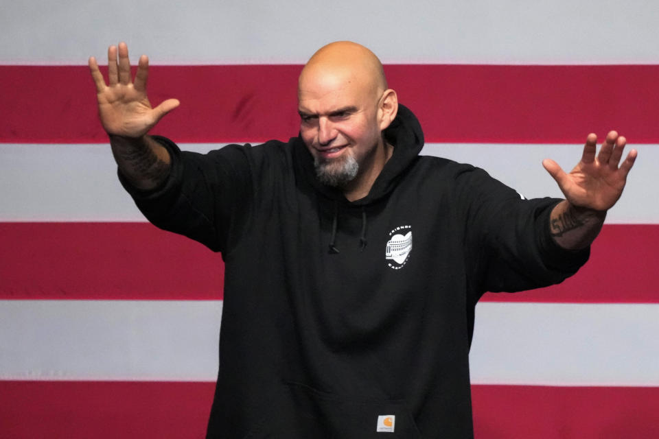 Pennsylvania Lt. Gov. John Fetterman, Democratic candidate for U.S. Senate, waves to supporters after addressing an election night party in Pittsburgh, Wednesday, Nov. 9, 2022. (AP Photo/Gene J. Puskar)