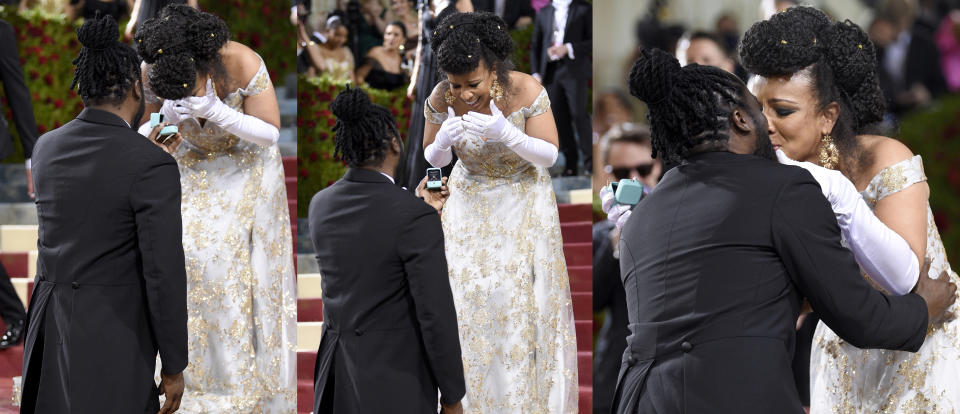 In this combination photo, former New York State Assembly candidate Bobby Digi Olisa, left, proposes to Laurie Cumbo, Commissioner of New York City Department of Cultural Affairs, at The Metropolitan Museum of Art's Costume Institute benefit gala celebrating the opening of the "In America: An Anthology of Fashion" exhibition on Monday, May 2, 2022, in New York. (Photo by Evan Agostini/Invision/AP)