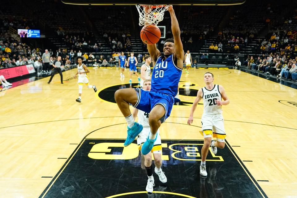 Eastern Illinois guard Caleb Donaldson (20) dunks against Iowa at Carver-Hawkeye Arena on Dec. 21, 2022. Donaldson scored a team-high 16 points in the 92-83 road victory that ESPN Stats & Info ranks as the biggest college basketball upset in 30 years.