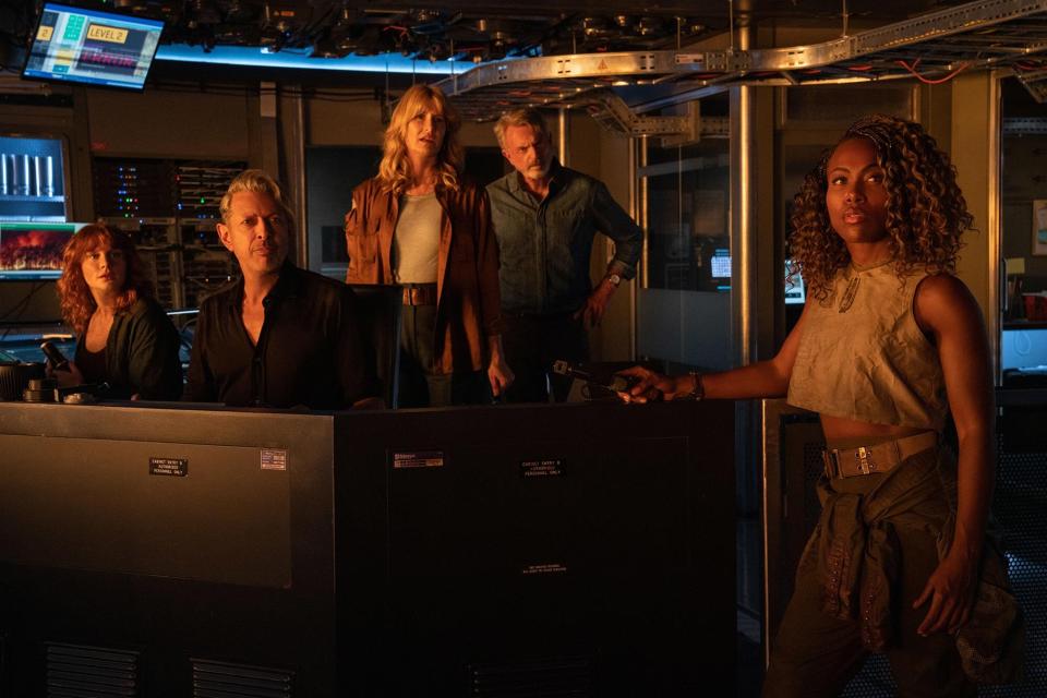 Bryce Dallas Howard, Jeff Goldblum, Laura Dern, Sam Neill, and DeWanda Wise in 'Jurassic World Dominion'