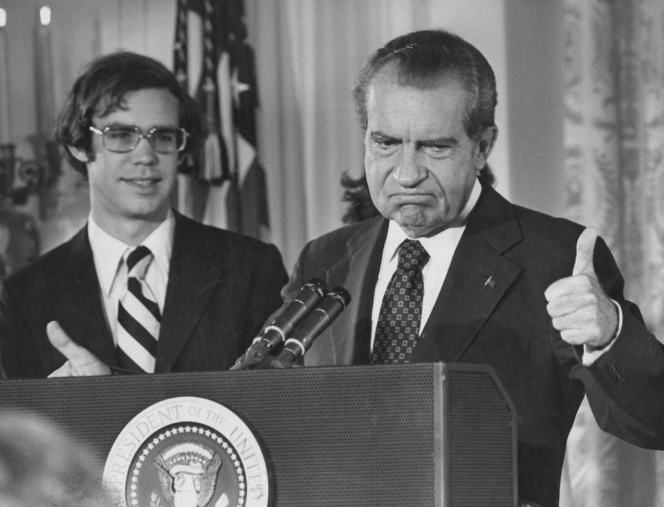 President Richard Nixon resigns days after the Supreme Court ruled that he could not claim executive privilege to prevent the release of White House tapes, which proved his guilt. (Photo: Keystone via Getty Images)