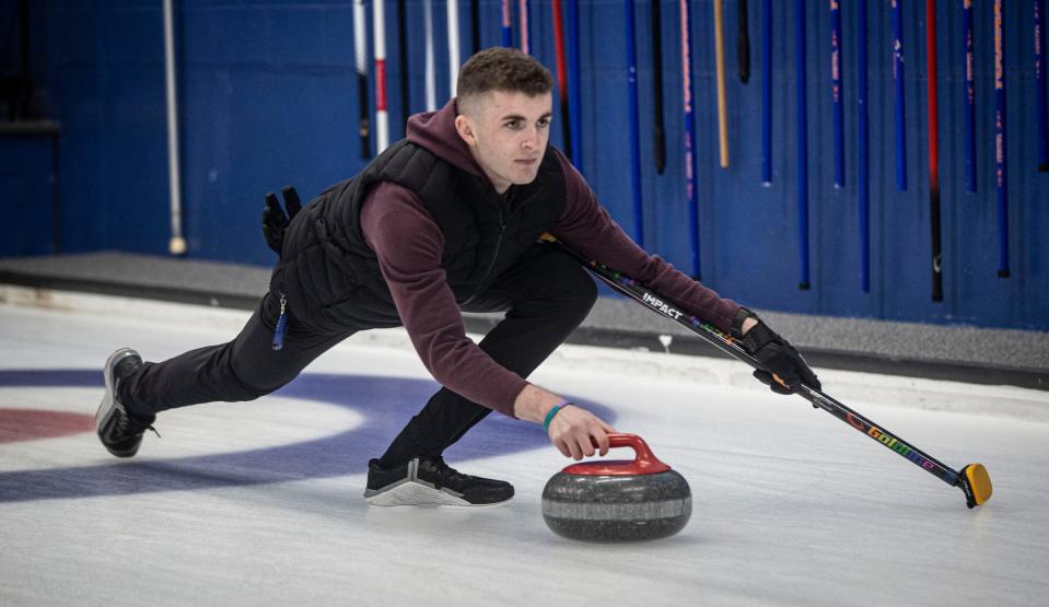 Danny Casper practices curling at the Ardsley Curling Center Jan. 28, 2024, Casper and fellow Briarcliff Manor native Andrew Stopera are competing on two of the top teams at the USA curling nationals.