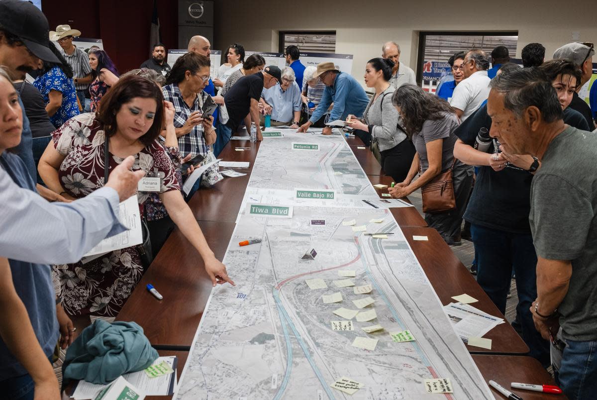 Dozens of people attend TxDOT’s public hearing on expanding the Loop 375 Border Highway through the Rio Bosque Wetlands Park in Soccorro, Texas on May 2, 2024.
