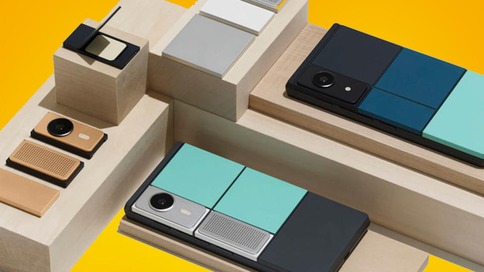 An arrangement of modular Project Ara phones on an orange background