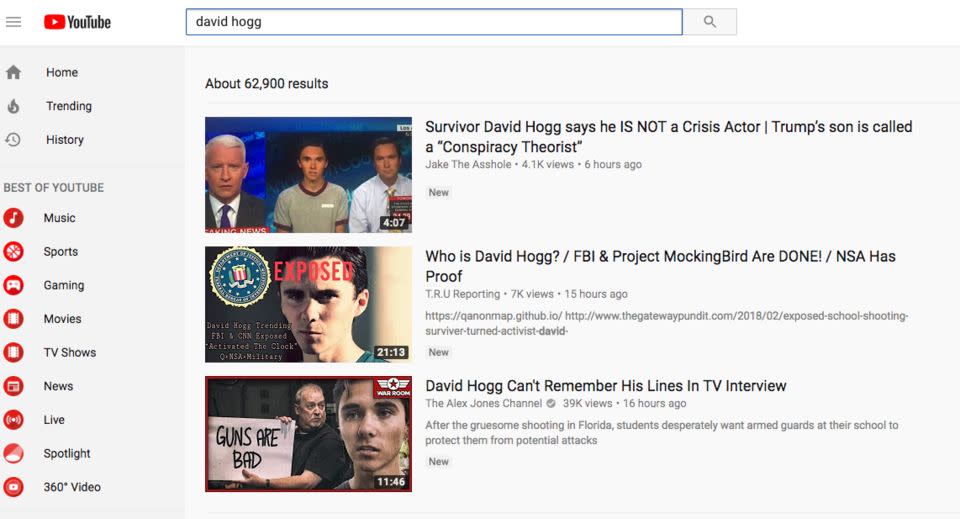 The top search results for "David Hogg" as of Wednesday afternoon. (Photo: YouTube)