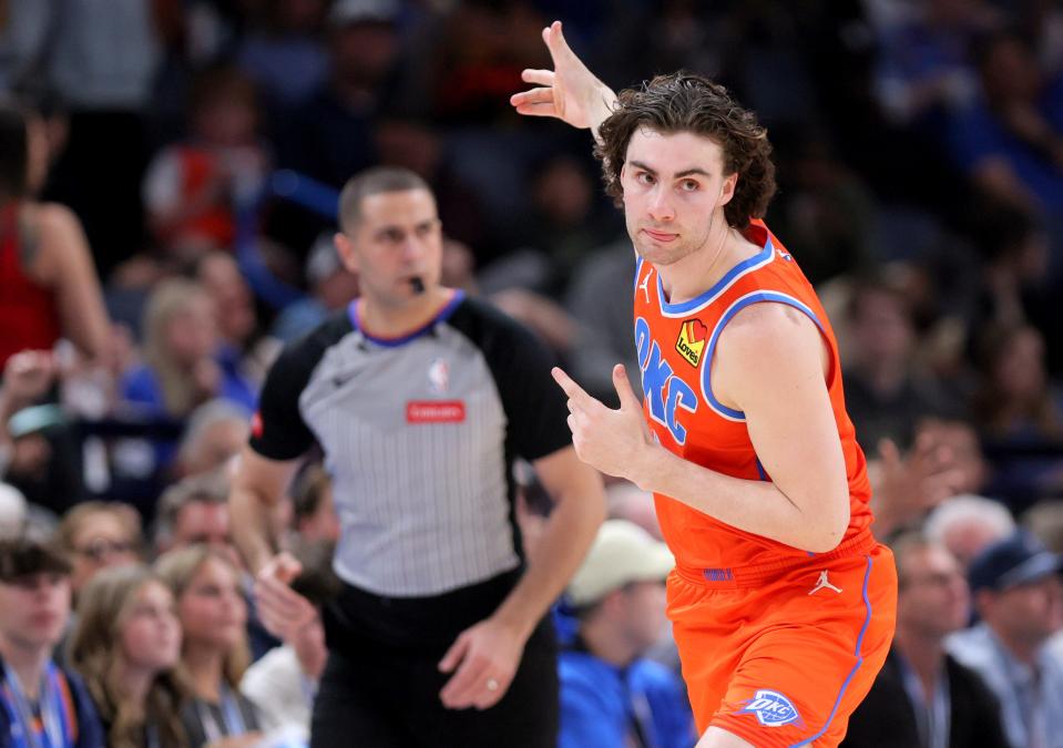 Thunder guard Josh Giddey (3) celebrate a 3-point basket during OKC's 128-103 win against the Suns on Friday night at Paycom Center.