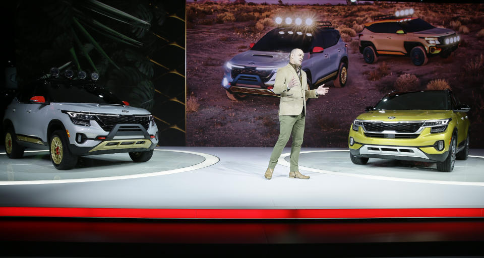 Michael Cole, president of Kia Motors America Inc., speaks after unveiling the All-New 2021 Kia Seltos X-Line concept sport utility vehicle at the AutoMobility LA Auto Show in Los Angeles, Wednesday, Nov. 20, 2019. (AP Photo/Damian Dovarganes)