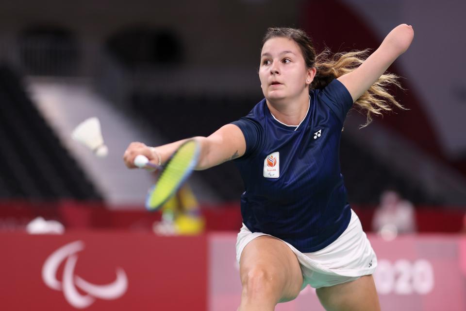 Dutch badminton player Megan Hollander competes at the Tokyo Paralympics.