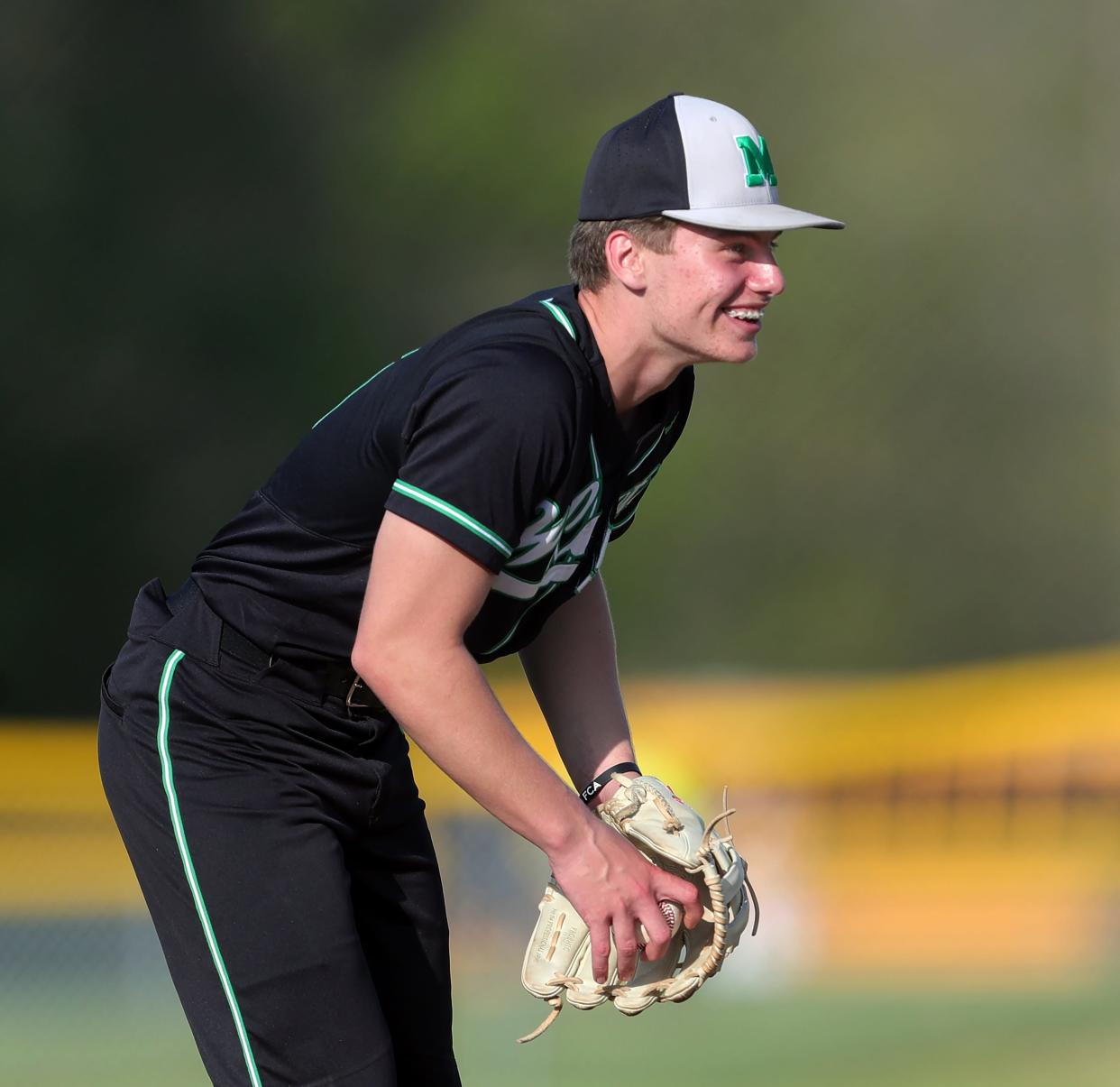 Mogadore Maddox Smith is all smiles as the Wildcats lead during the fourth inning of a high school baseball game against Garfield, Wednesday, May 1, 2024, in Garrettsville, Ohio.