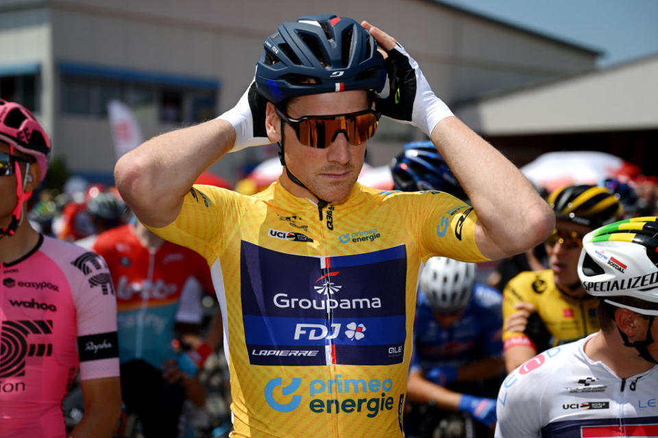 TAFERS SWITZERLAND  JUNE 13 Stefan Kng of Switzerland and Team GroupamaFDJ  Yellow leader jersey prior to the 86th Tour de Suisse 2023 Stage 3 a 1438km stage from Tafers to VillarssurOllon 1256m  UCIWT   on June 13 2023 in Tafers Switzerland Photo by Dario BelingheriGetty Images