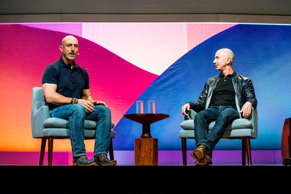 Mark Bezos, left, and Jeff Bezos seen on day two of Summit LA17 in Downtown Los Angeles's Historic Broadway Theater District on Saturday, Nov. 4, 2017, in Los Angeles.