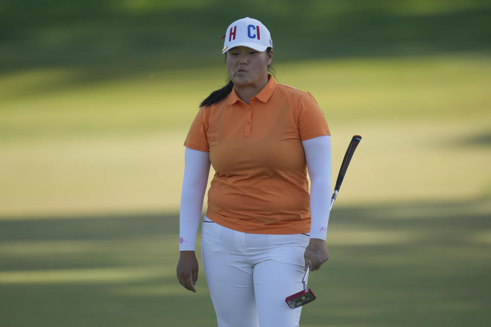 Angel Yin, of the United States, reacts after putting on the ninth tee during the final round of the LPGA Cognizant Founders Cup golf tournament, Sunday, May 14, 2023, in Clifton, N.J. (AP Photo/Seth Wenig)