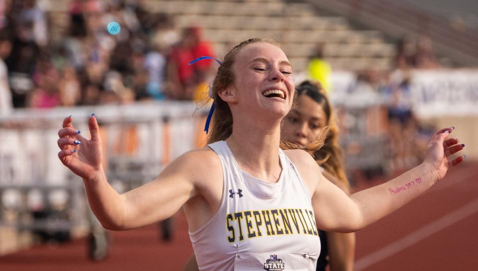 Stephenville's Victoria Cameron smiles after crossing the finish line to win the the 100 meters at the Class 4A UIL State track and field meet Thursday at Mike A. Myers Stadium in Austin. Cameron won with a time of 11.35.