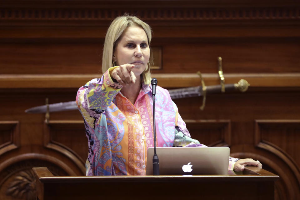 Republican South Carolina Sen. Sandy Senn speaks about a bill banning abortion on the Senate floor on Wednesday, Sept. 7, 2022, in Columbia, S.C. (AP Photo/Jeffrey Collins)