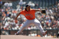 Houston Astros' Luis Garcia throws against the San Francisco Giants during the first inning of a baseball game in San Francisco, Sunday, Aug. 1, 2021. (AP Photo/Jed Jacobsohn)