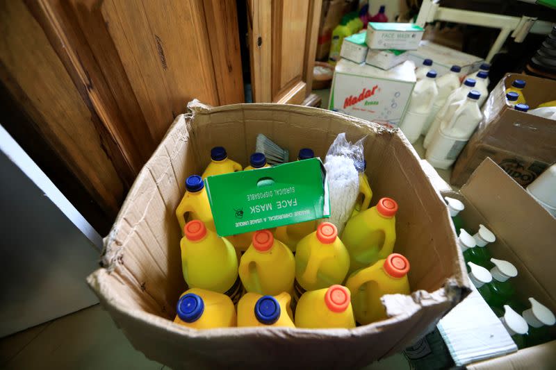 Face masks, cleaning and disinfectant products donated by the local mayor are seen at a medical center in Pikine, on the outskirts of Dakar