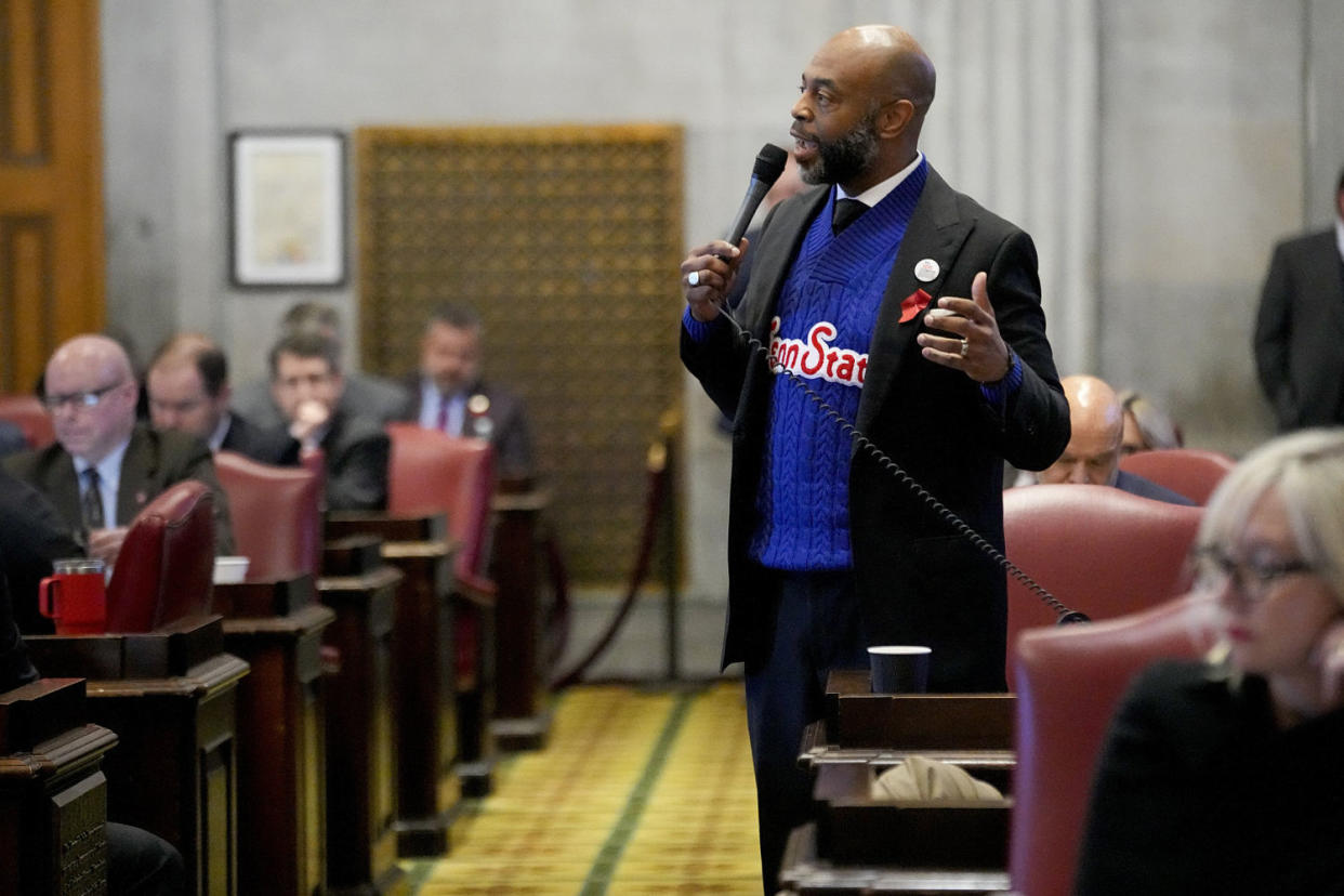 Harold Love, Jr., speaks from the House floor against a bill to vacate the entire Tennessee State University board of trustees, in Nashville, Tenn. (George Walker IV / AP)