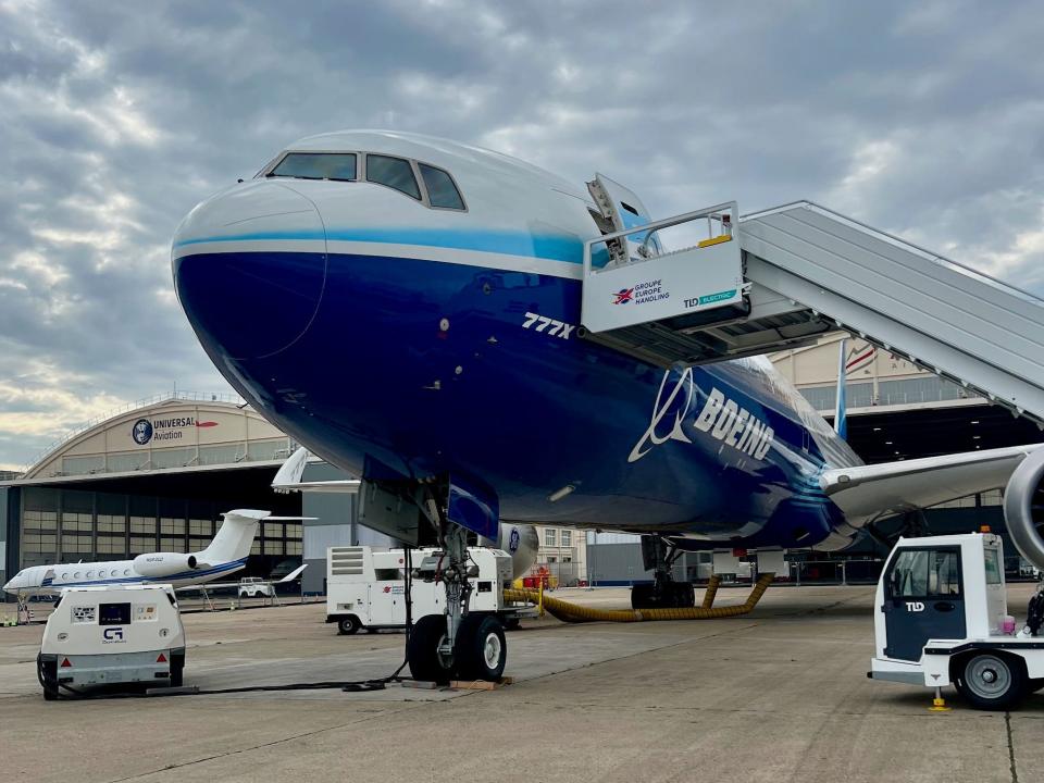 Boeing 777X airplane on display.