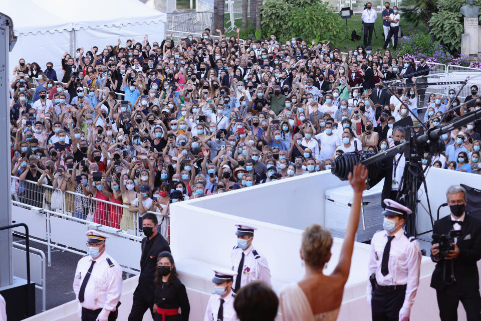 CANNES, FRANCE - JULY 17: Sharon Stone waves at the crowd during the final screening of "OSS 117: From Africa With Love" and closing ceremony during the 74th annual Cannes Film Festival on July 17, 2021 in Cannes, France. (Photo by Andreas Rentz/Getty Images)