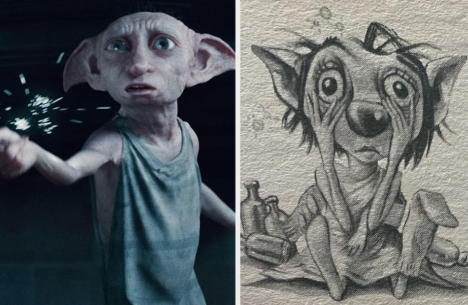 Dobby in the movies and an illustration of Winky in the books