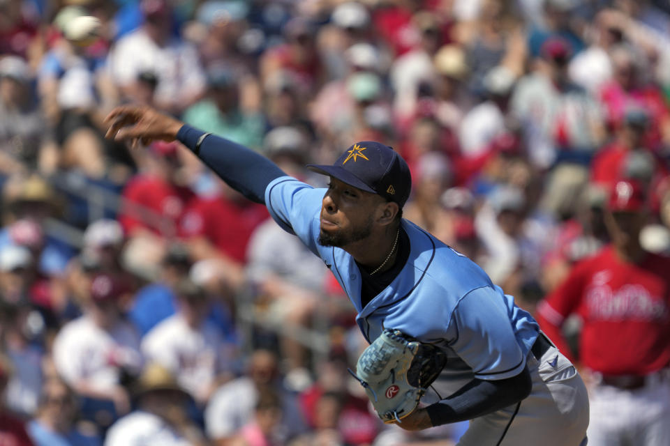 Tampa Bay Rays starting pitcher Luis Patino delivers to the Philadelphia Phillies during the first inning of a spring training baseball game Tuesday, March 7, 2023, in Clearwater, Fla. (AP Photo/Chris O'Meara)