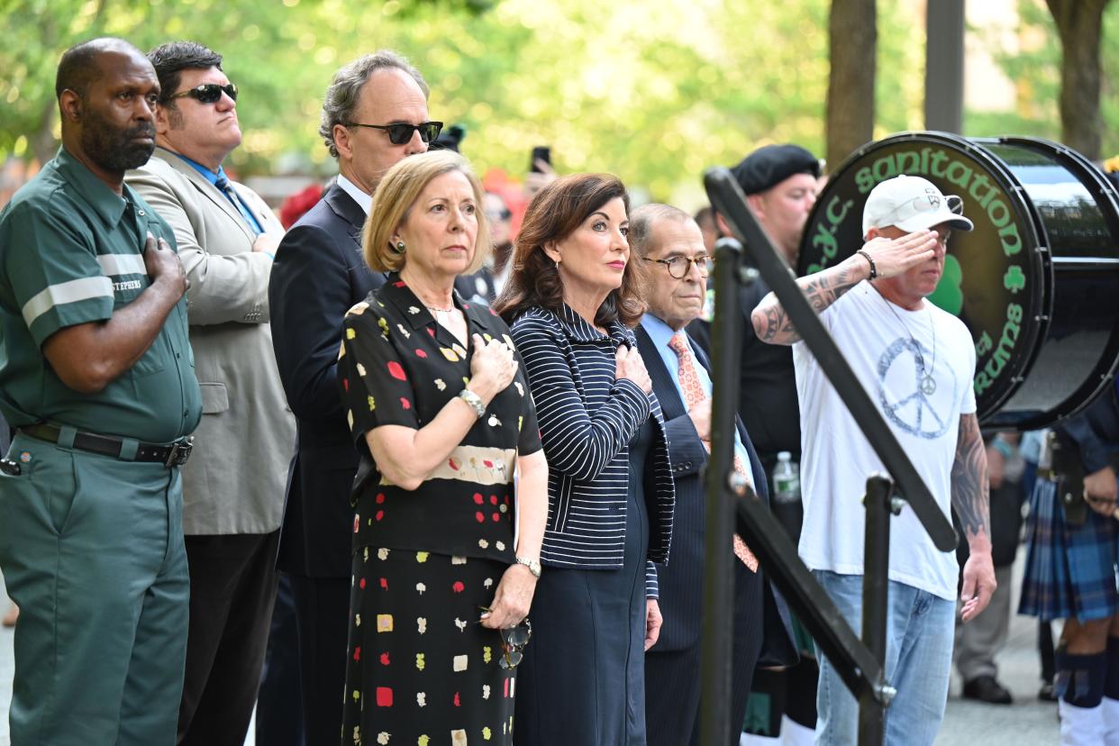 Gov. Hochul said Monday that a hole remains in New York’s heart despite the grand redevelopment of the area where the twin towers once rose. 