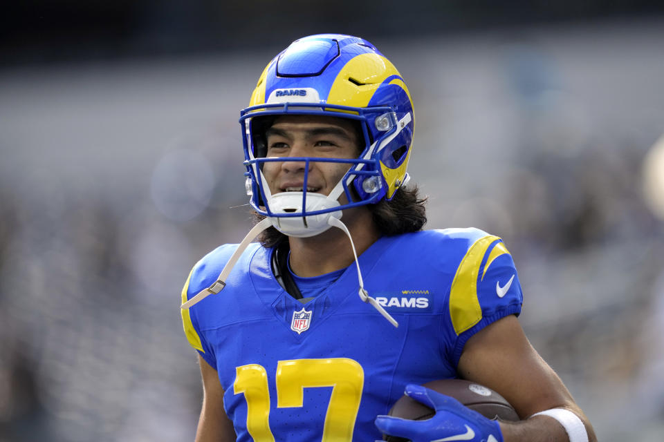Los Angeles Rams wide receiver Puka Nacua (17) warms up prior to an NFL football game against the Pittsburgh Steelers Sunday, Oct. 22, 2023, in Inglewood, Calif. (AP Photo/Ashley Landis)