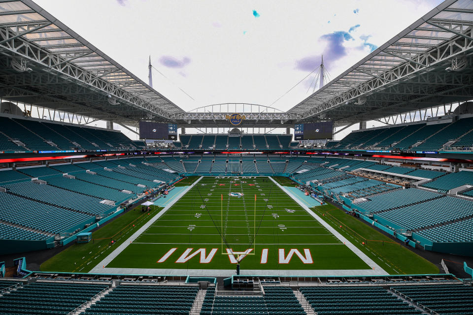 MIAMI, FLORIDA - SEPTEMBER 29: A general view of the field at Hard Rock Stadium prior to the game between the Miami Dolphins and the Los Angeles Chargers on September 29, 2019 in Miami, Florida. (Photo by Mark Brown/Getty Images)