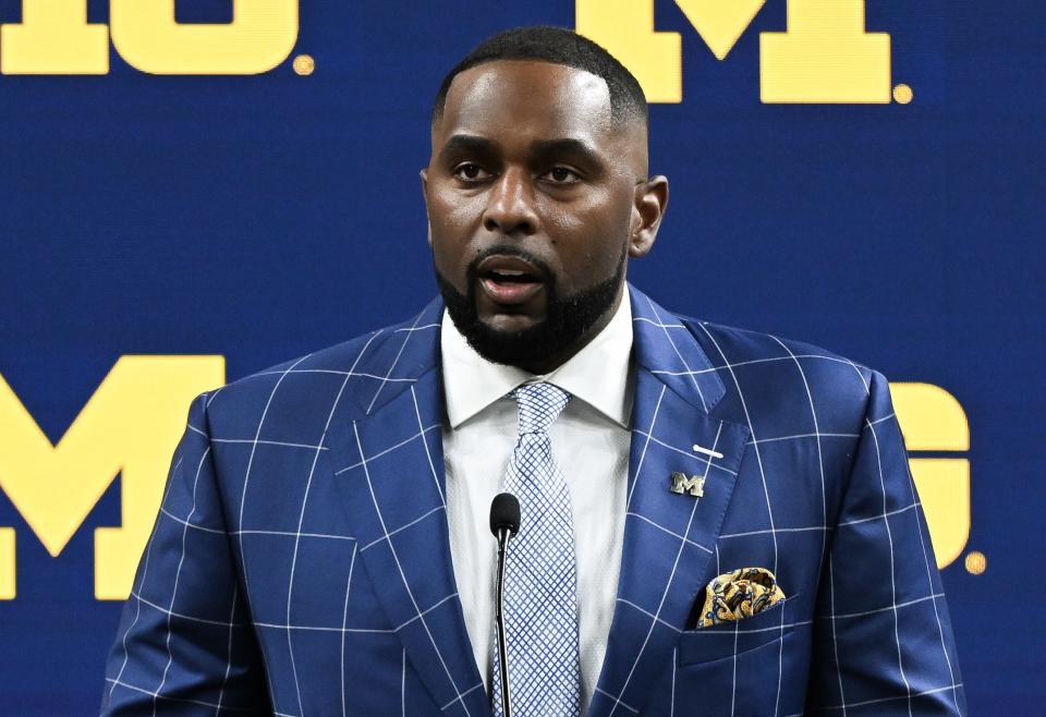 Michigan Wolverines head coach Sherrone Moore speaks to the media during Big Ten media days at Lucas Oil Stadium in Indianapolis on Thursday, July 25, 2024.