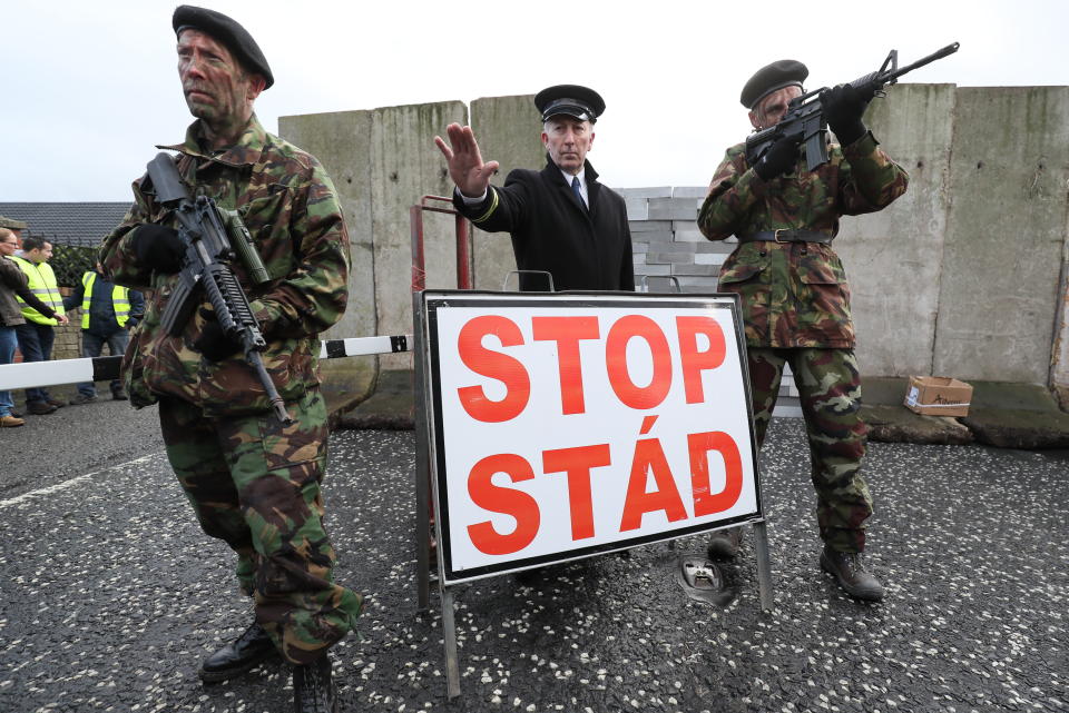 A mock checkpoint manned by actors dressed as soldiers and customs officers constructed during an anti-Brexit rally at the Irish border near Carrickcarnan, Co Louth. Campaigners are concerned such scenes could become real if martial law is imposed.