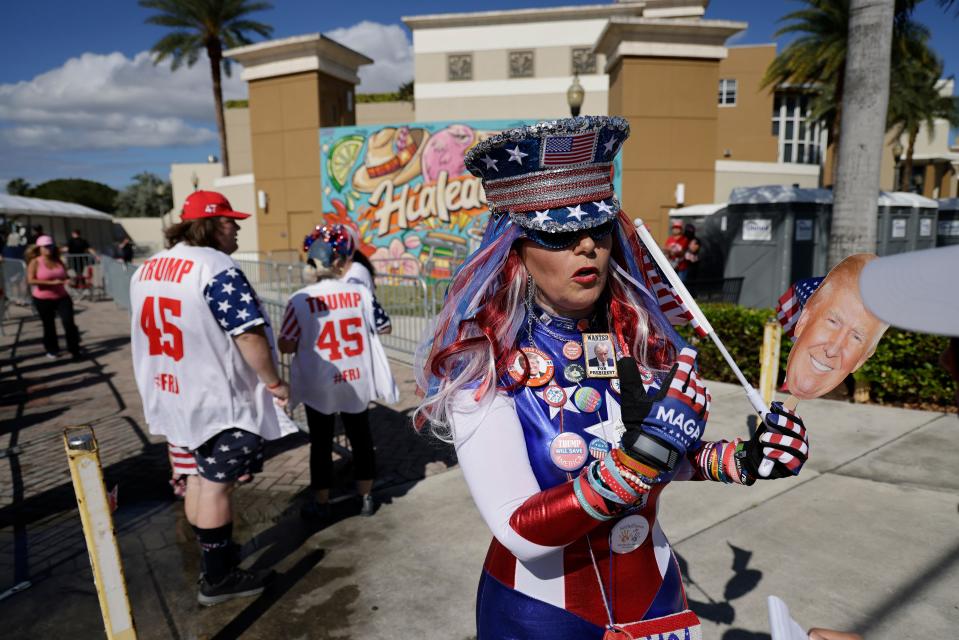 Supporters arrive at the venue as former President Donald Trump delivers remarks at The Ted Hendricks Stadium in Hialeah on November 8, 2023.