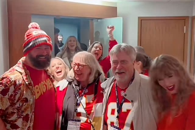 <p>tiktok</p> (L-R) Jason Kelce, Brittany Mahomes, Donna Kelce, Ed Kelce, Taylor Swift