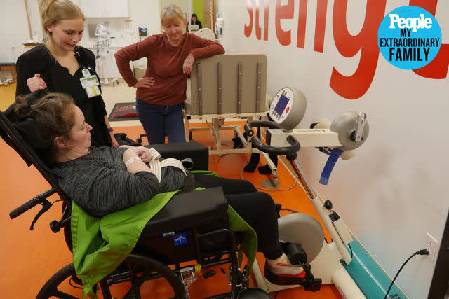 <p>Mary Free Bed Rehabilitation</p> Jennifer Flewellen doing her bike exercises at Mary Free Bed Rehabilitation Hospital