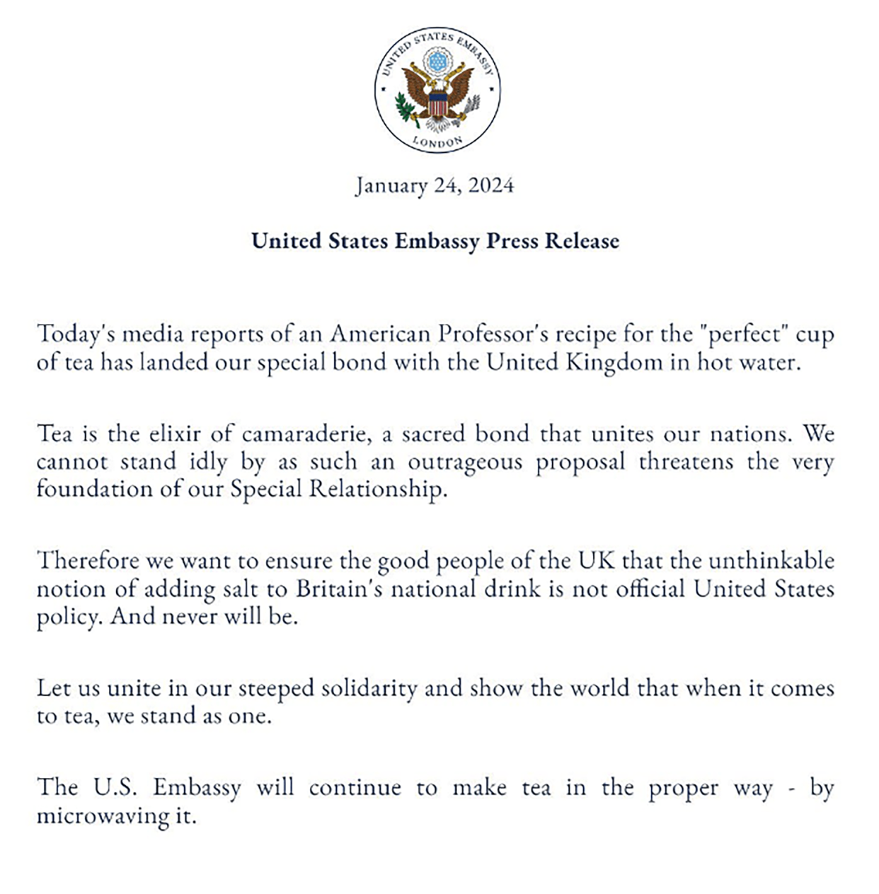 A statement released by the U.S. Embassy in London. (United States Embassy London)