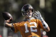 Tampa Bay Buccaneers quarterback Tom Brady during NFL football practice, Wednesday, Feb. 3, 2021 in Tampa, Fla. The Buccaneers will face the Kansas City Chiefs in Super Bowl 55. (Kyle Zedaker/Tampa Bay Buccaneers via AP)