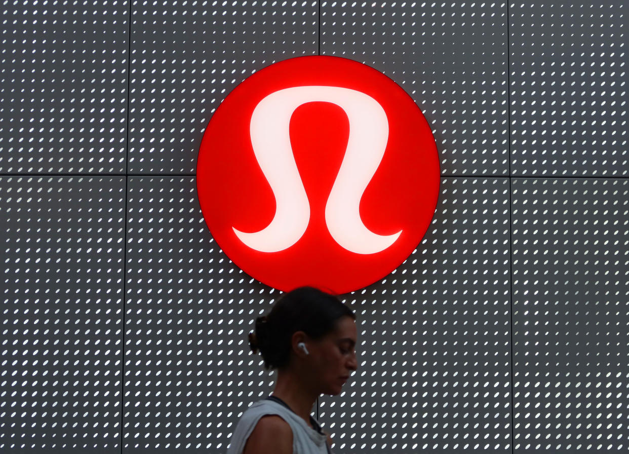 NEW YORK, NY - AUGUST 26: The corporate logo for Lululemon hangs on a wall at their store in Brookfield Place on August 26, 2022, in New York City.  (Photo by Gary Hershorn/Getty Images)