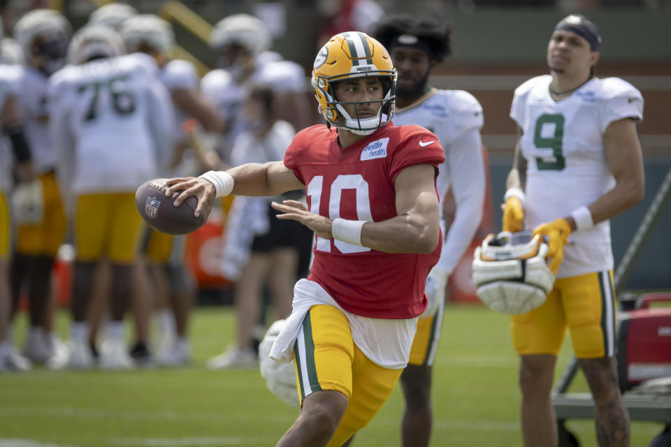 Jordan Love is backwards at training with the Packers after language his contract. His incoming travel is proving terminal year's closing was no fluke. (AP/Mike Roemer)