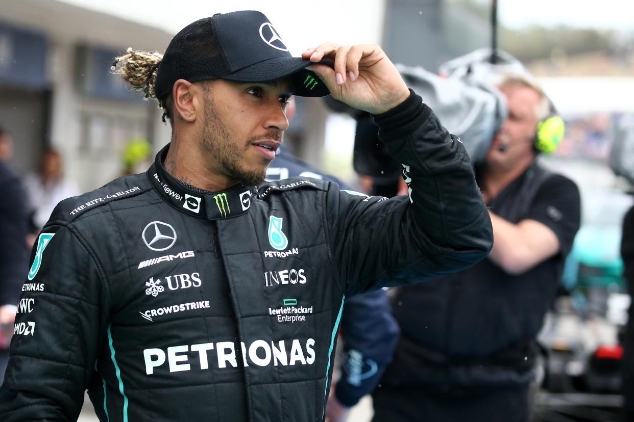 HUNGARORING, MOGYOROD, HUNGARY - 2022/07/31: Lewis Hamilton of Mercedes AMG Petronas F1 Team  looks on at the end of  the F1 Grand Prix of Hungary. (Photo by Marco Canoniero/LightRocket via Getty Images)