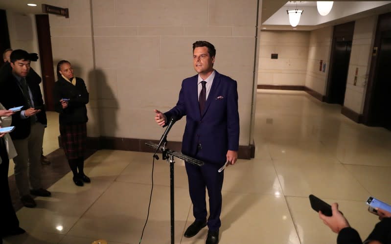 U.S. Rep. Matt Gaetz speaks to reporters during House impeachment inquiry on Capitol Hill in Washington