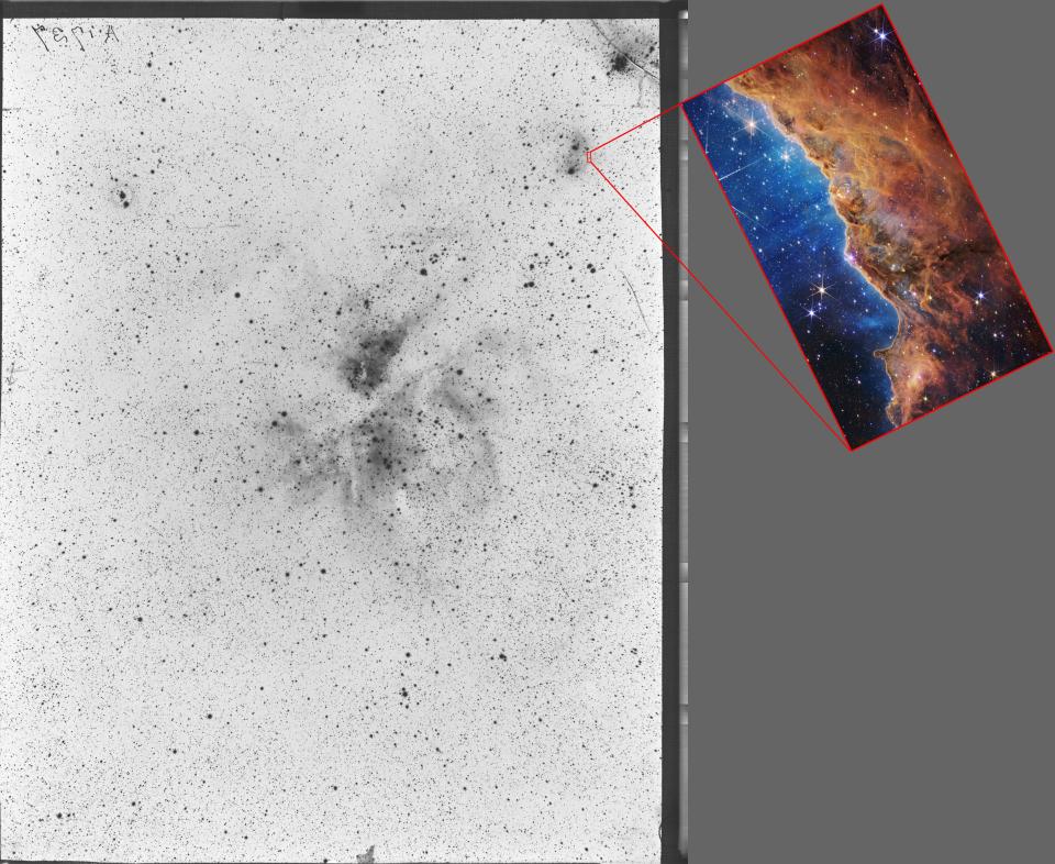 Carina Nebula at center, NGC3372 in upper right of the plate. Image taken in Arequipa, Peru on April 7, 1896.