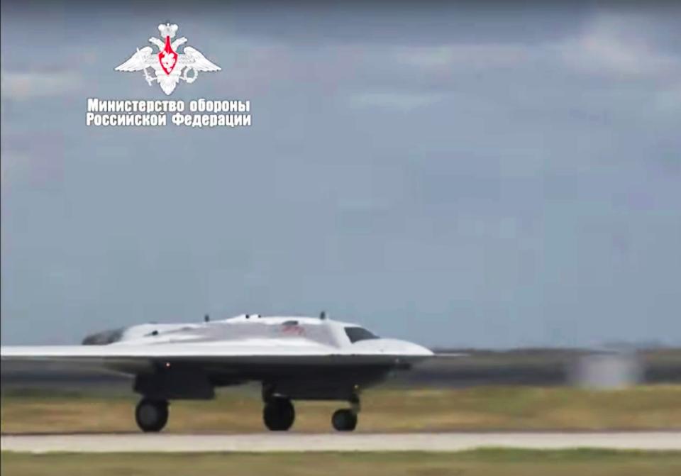 Russia's S-70 drone is seen taking off at an unidentified location in August 2019.