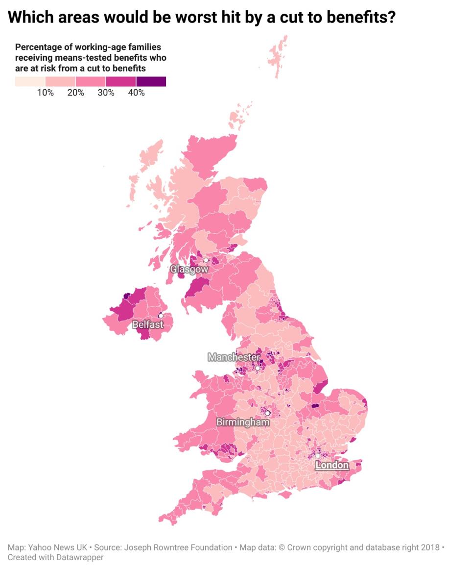 A map by the Joseph Rowntree Foundation showing areas that will be worst hit by a real-terms cut to benefits by uprating based on wage growth instead of inflation. 