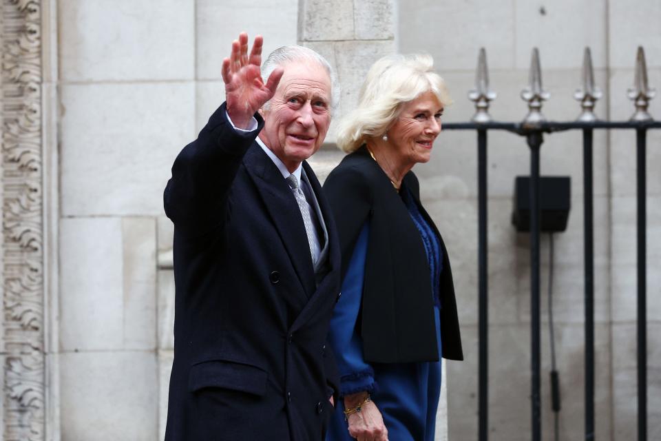 Britain’s King Charles III and Queen Camilla are seen leaving The London Clinic on Jan. 29 in London.