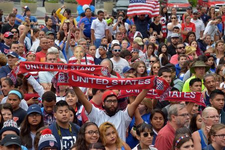 Jul 7, 2015; Los Angeles, CA, USA; United States fans cheer at 2015 Womens World Cup champions celebration at Microsoft Square at L.A. Live. Mandatory Credit: Kirby Lee-USA TODAY Sports
